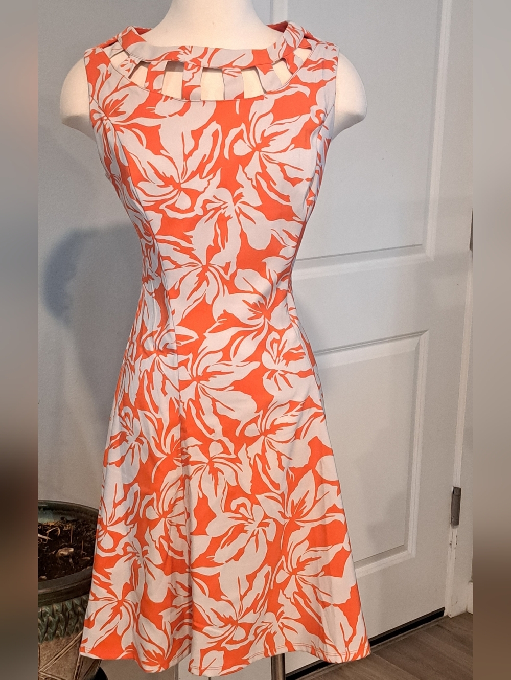 AGB Sleeveless Orange & White Floral A-Line Dress Sz L